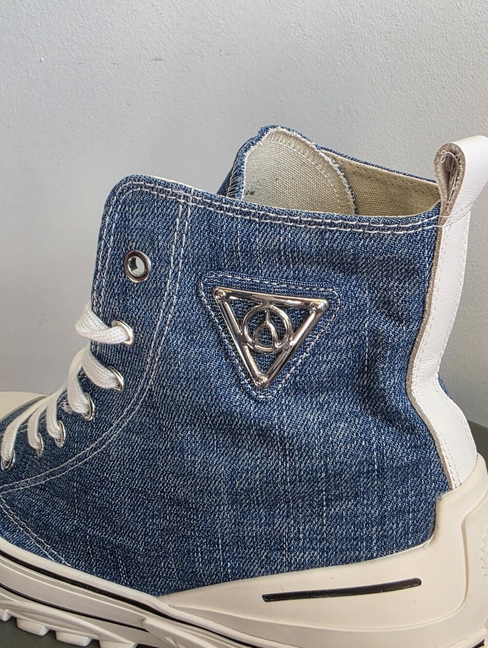 Wishbone Denim Platform High Top Sneakers Chunky Lug Sole Blue Jean Lace Up 10 - Picture 3 of 11